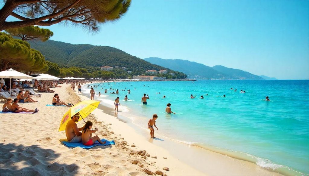 Beachgoers at Plage de la Garoupe in Antibes during the best time to visit Côte d'Azur in summer, with the Esterel Mountains in view.